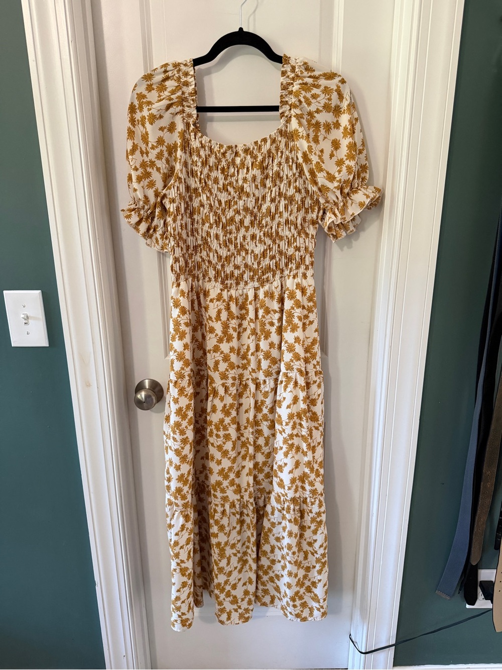 Smocked Puff-Sleeve Midi Dress in Mustard Floral